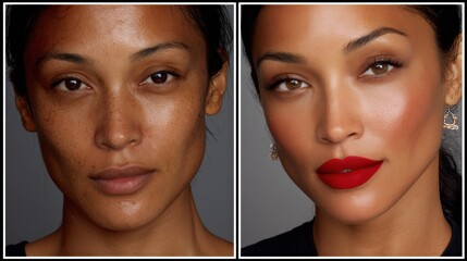 Makeup Transformation From a Natural Look to a Glamorous Style With Full Features and Bold Lips, Showcasing Effective Beauty Techniques