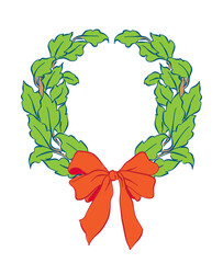 Fototapeta premium Laurels wreath frames branches with bow and ribbon, Whimsical drawing Flowers and leaves frame, element for invitations, greeting cards, scrapbooking, sticker, decorative etc.