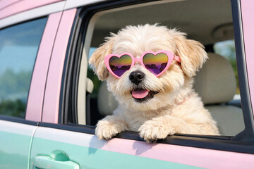 Generative AI Small Dog with Heart-Shaped Sunglasses Looking Through Car Window in Pastel Colors