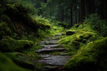 Obraz premium Misty Forest Pathway Winding Through Lush Moss-Covered Rocks and Ancient Trees.