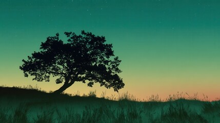 Silhouette of a Majestic Oak Tree Under a Starry Twilight Sky on a Grassy Knoll