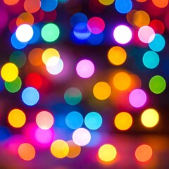Abstract vibrant bokeh luminous orbs of red, yellow, green, blue, and pink float in a dark, soft-focused background