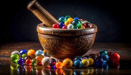 Rustic Wooden Bowl Filled With Colorful Glass
