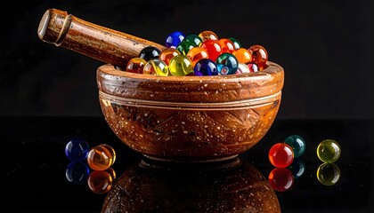 Wooden Mortar With Colorful Glass Balls
