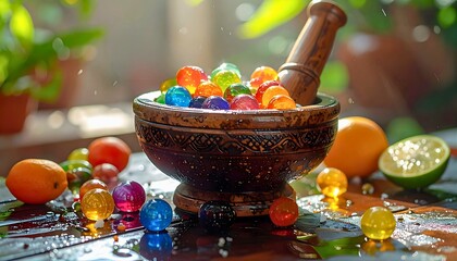 Colorful Stones In Wooden Mortar
