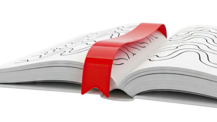 Open book with red bookmark and abstract black lines on white pages