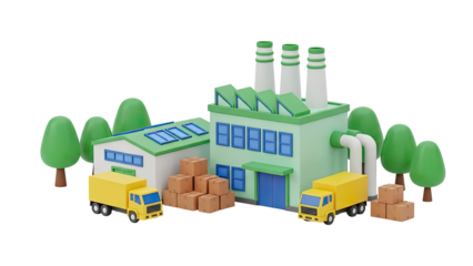 3D Cartoon Factory Scene with Trucks and Boxes