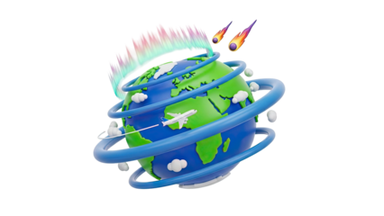 Stylized Earth with Airplane, Meteoroids, and Aurora