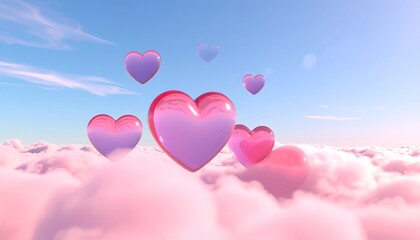 loating Glass Hearts in Pink Clouds, Dreamy Valentine Fantasy Background
