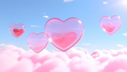 loating Glass Hearts in Pink Clouds, Dreamy Valentine Fantasy Background