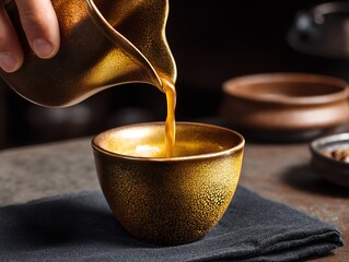 Artisan carefully pouring aromatic tea into a golden ceramic cup with a legacy of tradition and craft