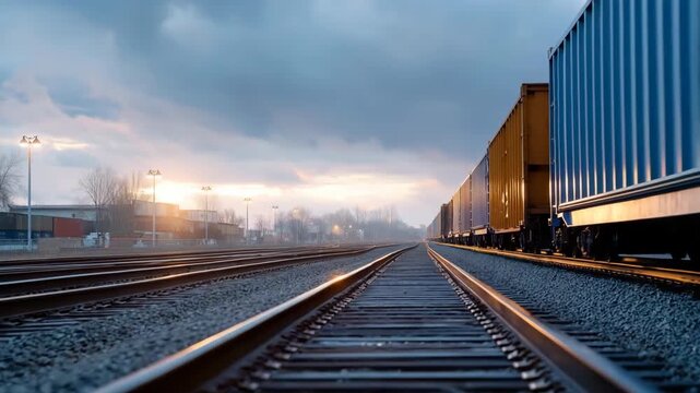 Freight train on railway tracks at dusk with dramatic sky and industrial landscape