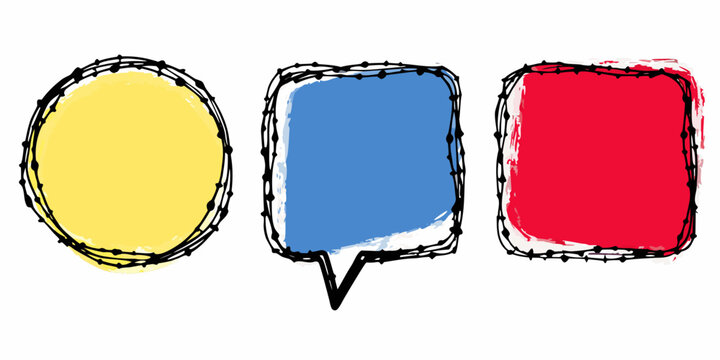 Colorful speech bubbles with rough edges in yellow blue and red - Powered by Adobe