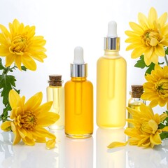 Amber oils in glass bottles adorned with vibrant yellow chrysanthemums against a bright white background