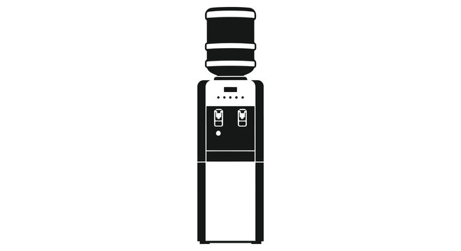 A sleek black and white illustration of a water cooler appliance depicted as a silhouette