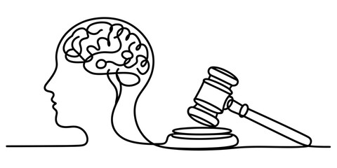 Continuous line drawing of a human head with a brain connected to a judge's gavel symbolizing justice and mental health Vector, illustration