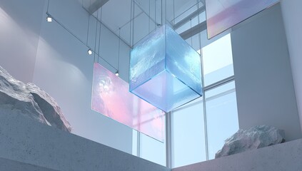 Modern indoor art installation with suspended illuminated panels and abstract rock formations