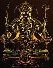 Divine Goddess Santoshi Mata Golden Outline Portrait on Dark Background