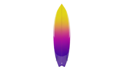 Colorful surfboard with yellow, pink, and purple gradient isolated on a transparent background