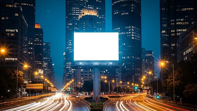 Cityscape at dusk with billboard on highway surrounded by skyscrapers and streetlights at twilight - Powered by Adobe