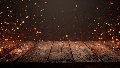 Rustic wooden table surface with glowing orange particles floating in dark background wood texture dark wood