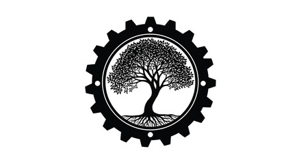 A striking emblem features a tree within a gear showcasing nature and industry silhouette © MIRAJ02
