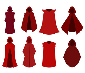 Vector set of red cloaks in various styles. A collection of wizard and dark master clothing. Clipart images of sorcerer costumes