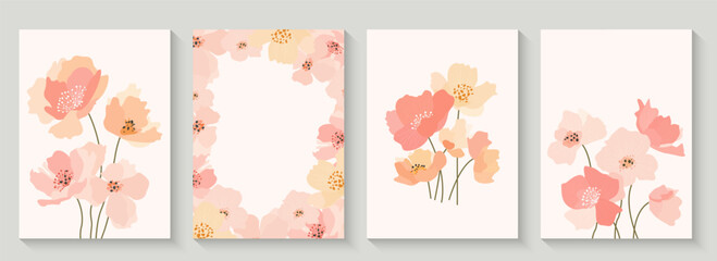 Beautiful cards with flowers and floral prints. Cute vector illustrations of flowers for greeting cards, wedding invitations, backgrounds, patterns, or posters.
