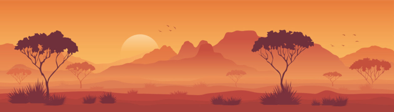 Beautiful savannah at sunset, landscape vector illustration. Amazing African savannah nature with mountains, trees, and bushes at sunset. African landscape for design and background.