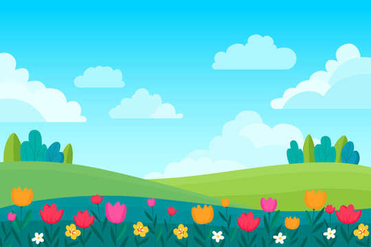 Beautiful spring landscape with flowers in green meadows and a blue sky with clouds. Vector illustration of a spring natural landscape for backgrounds and design.