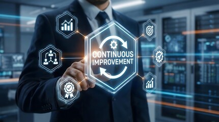 Continuous improvement strategy in business, digital transformation concept with businessman interacting with futuristic interface icons for performance, growth and optimization