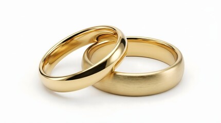 Two golden wedding rings on white background, symbol of love, marriage, partnership and commitment, minimal romantic jewelry design for engagement or anniversary celebration