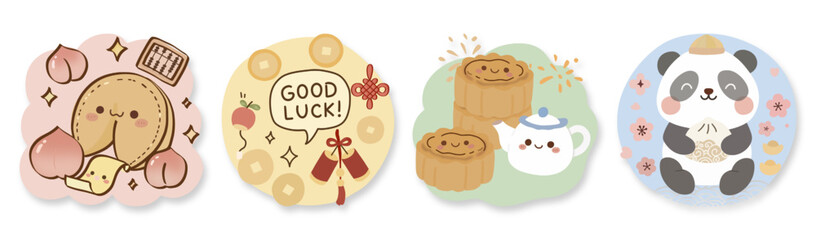 A collection of cute hand drawn kawaii Chinese New Year illustrations.