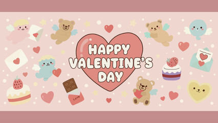 Adorable pastel Valentine's Day banner featuring cute winged bears, cupids, sweet treats, and hearts in a whimsical kawaii style.