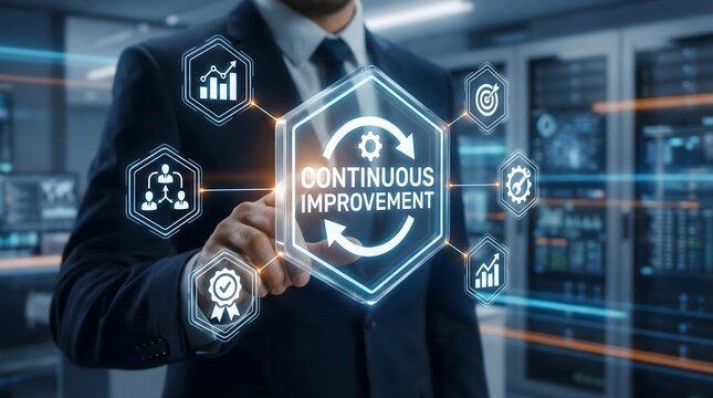 Continuous improvement strategy in business, digital transformation concept with businessman interacting with futuristic interface icons for performance, growth and optimization - Powered by Adobe