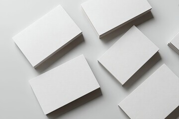 Overhead shot of multiple neat stacks of blank white rectangular objects on a minimalist light grey background