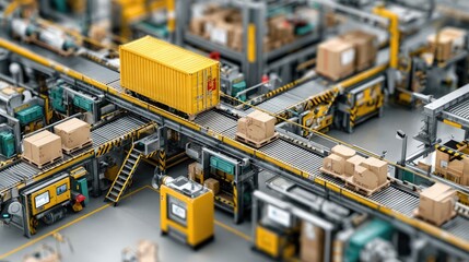 Material handling system with conveyor belts, cargo lifts, industrial logistics movement, automated equipment, goods transportation tools, plant operation flow, factory system layout