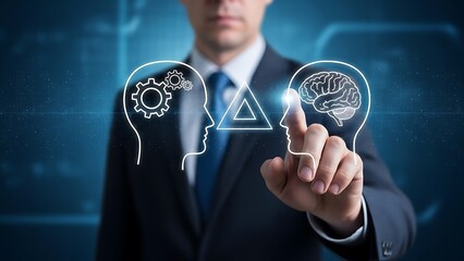 Man in suit touching digital brain with finger on blue background