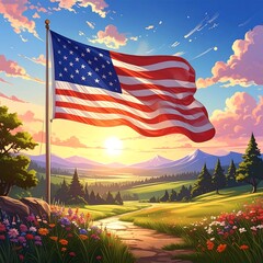 American flag waves over a meadow, with flowers, a path, rolling hills, and a sunset sky in the background