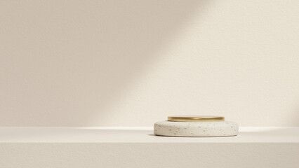 Minimal beige 3D podium with round platform, soft lighting, and wide copy space for product display, cosmetic and skincare mockups, packaging design, and premium modern branding.
