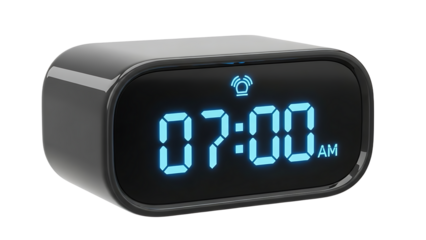 Digital alarm clock with blue display showing 7am isolated on a transparent background