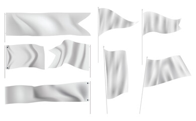 Realistic White Fabric Flags Collection with Waving Cloth Texture