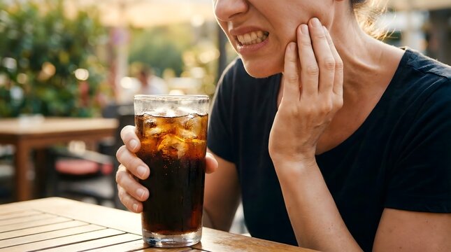Woman experiencing toothache while drinking cold soda,showing sensitivity to cold beverages,dental pain issue concept in outdoor cafe setting