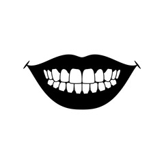 Naklejka premium Black solid silhouette icon of a smiling mouth with healthy teeth, simple shape, flat vector style, minimal detail