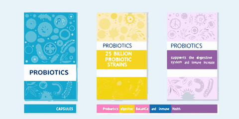 Probiotic supplement packaging designs with colorful patterns and health benefit claims