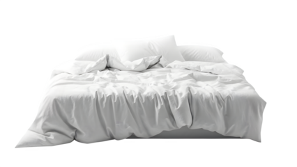 Bed with slightly messy blanket isolated on PNG background.