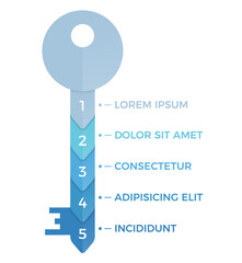 Key to success concept, infographic template with a key with 5 parts
