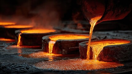 Molten metal being poured at steel foundry, glowing liquid iron, intense heat, industrial smelting process, metal casting factory, heavy industry operation, fiery manufacturing scene