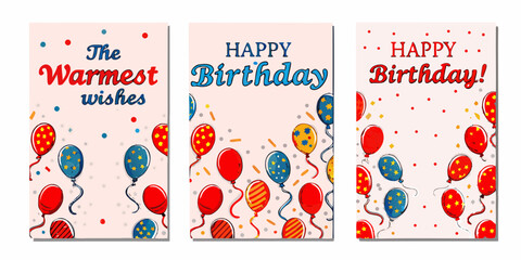 Colorful birthday cards with balloons and confetti displaying warm wishes