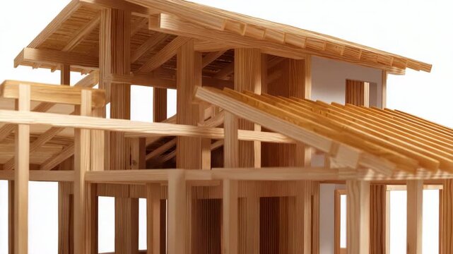 Detailed wooden model of a house under construction with exposed framework and roof structure